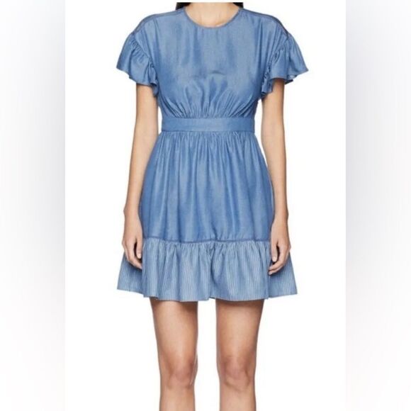KATE SPADE NEW YORK Chambray Fluffer Sleeve Ruffle Hem Indigo Summer Dress - Picture 1 of 8